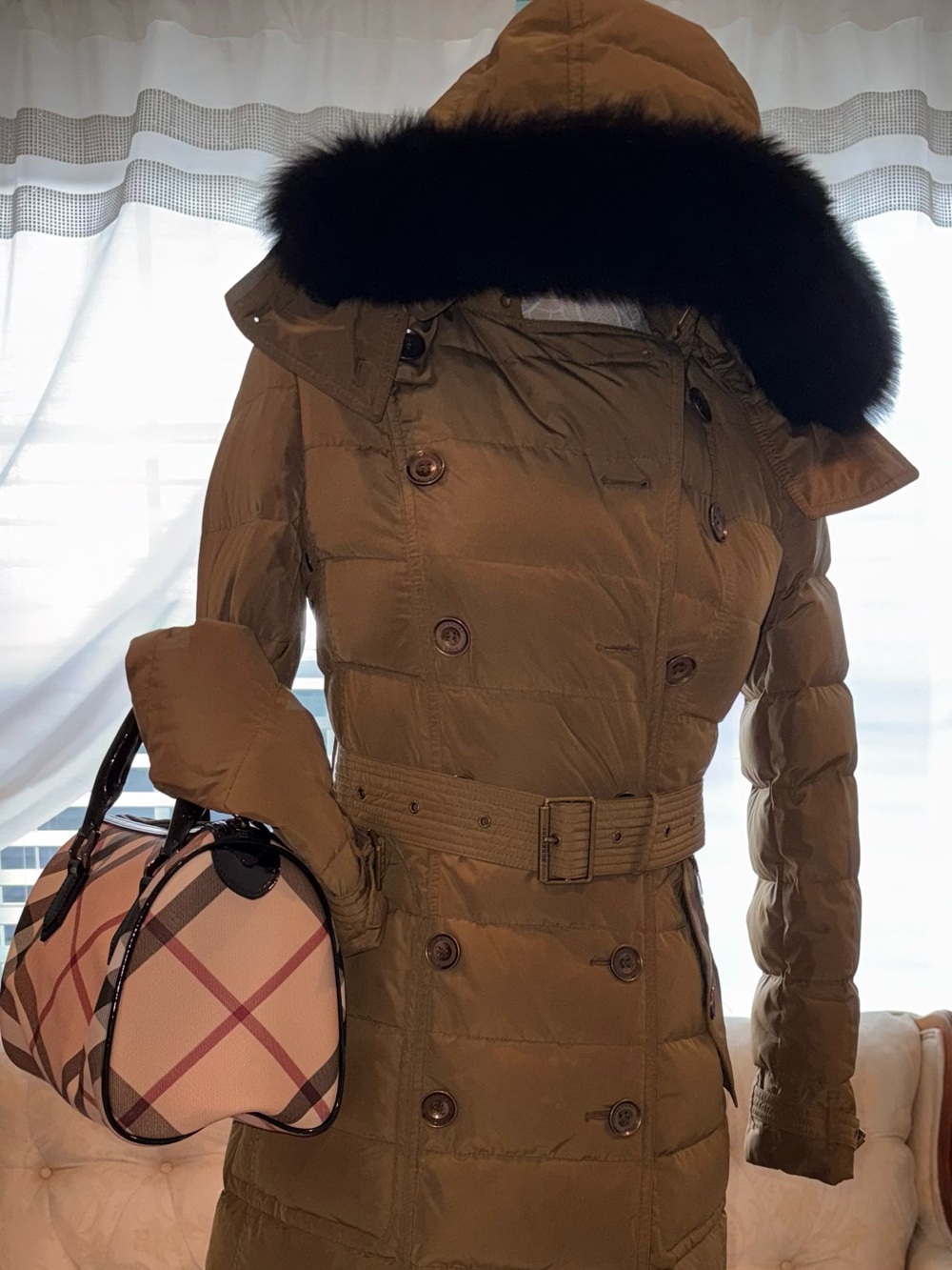 Burberry Brown Quilted Belted Hooded Puffer Coat with Black Fur Trim